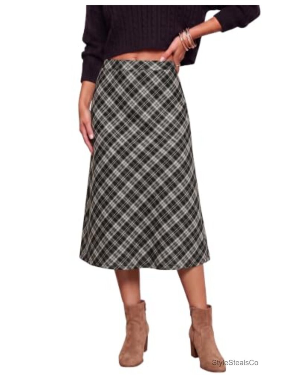 Plaid Midi Skirt High Waisted A Line Elastic Waist Casual Office Fall